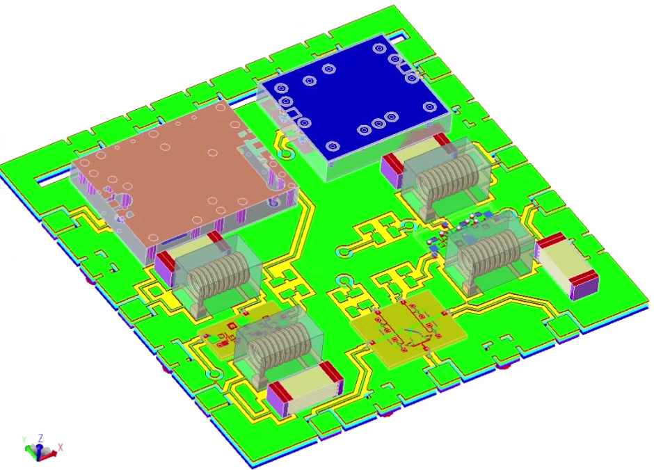 Fig. 1.  Multi-chip RF module layout shown in Keysight’s PathWave ADS. Source: Keysight