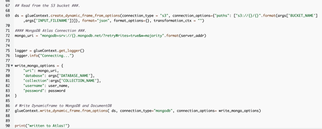 Cuplikan kode untuk memuat data ke dalam MongoDB Atlas