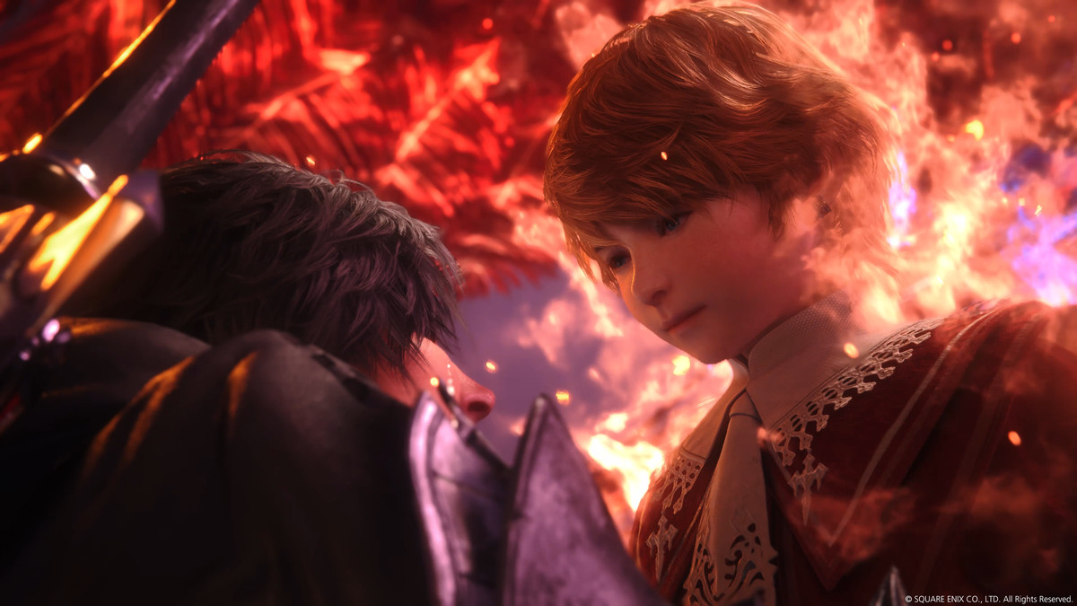 Clive Rosfield and his younger brother, the angelic looking Joshua, in close up as they are surrounded by flames in Final Fantasy 16