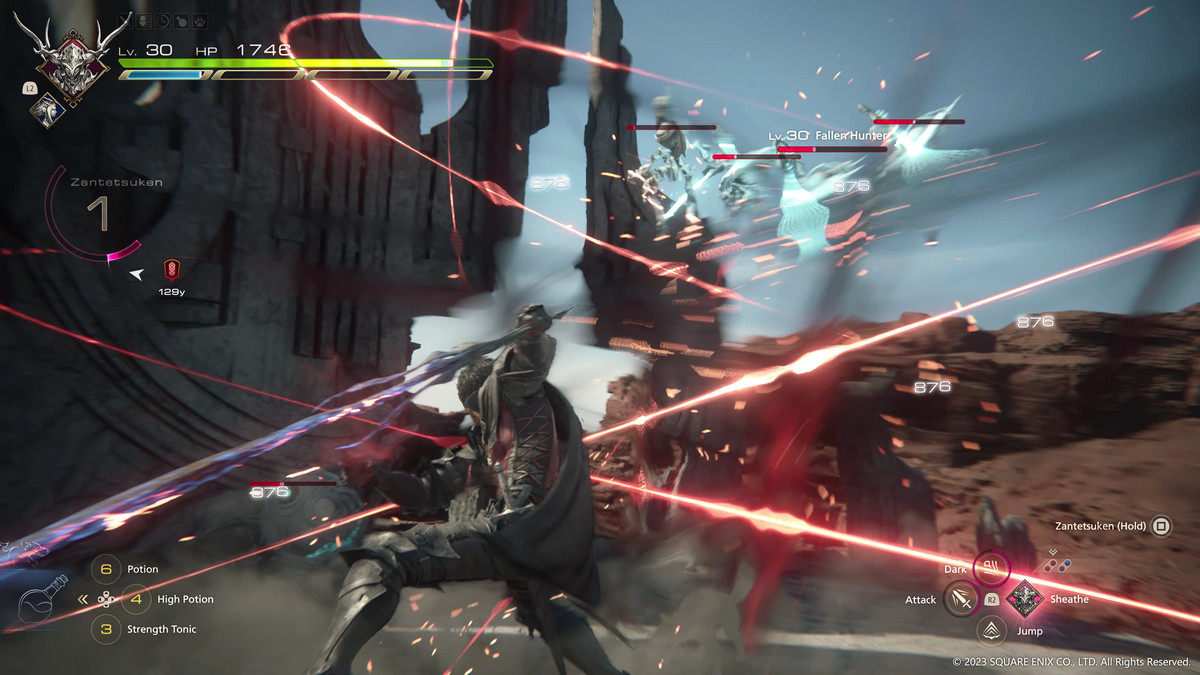 Combat in Final Fantasy 16 seen from a low angle, with Clive crouching with his sword, aerial enemies with health bars, and lasers bisecting the screen