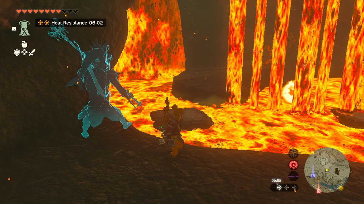 Link está junto a una cascada de lava (¿una cascada de lava?) en la cueva del río Goronbi en Zelda Tears of the Kingdom.