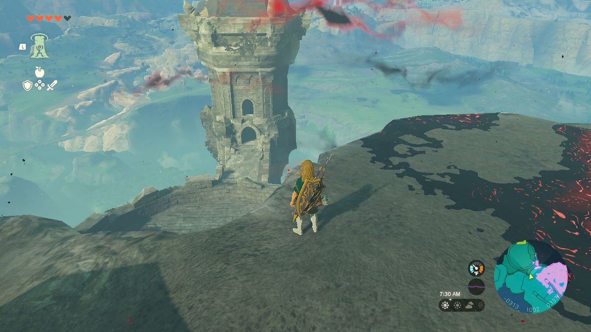 Link stares at a tower in Hyrule Castle in Zelda Tears of the Kingdom.