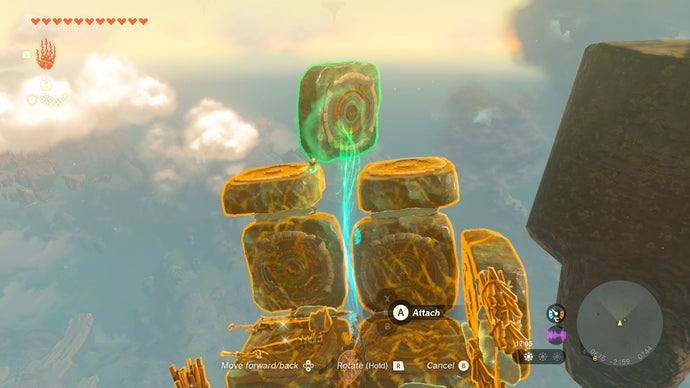 Link using Ultrahand to move Zonai platforms around while standing on a sky island in The Legend of Zelda: Tears of the Kingdom.