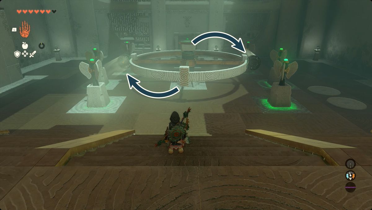The Legend of Zelda: Tears of the Kingdom Link using two fans to spin the large wheel in Kisinona Shrine