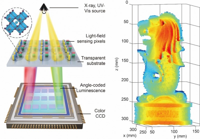 Figura che mostra il design (a sinistra) e l'output (a destra) del sensore di campo luminoso 3D