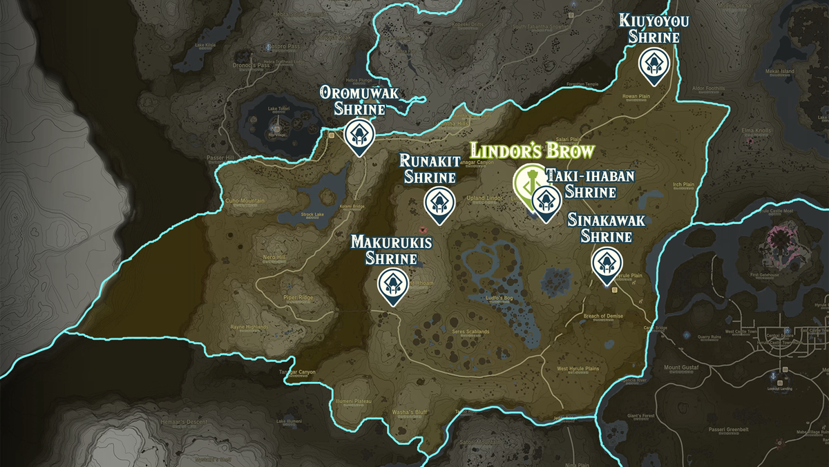 Zelda Tears of the Kingdom map of the Lindor’s Brow region with shrine locations marked