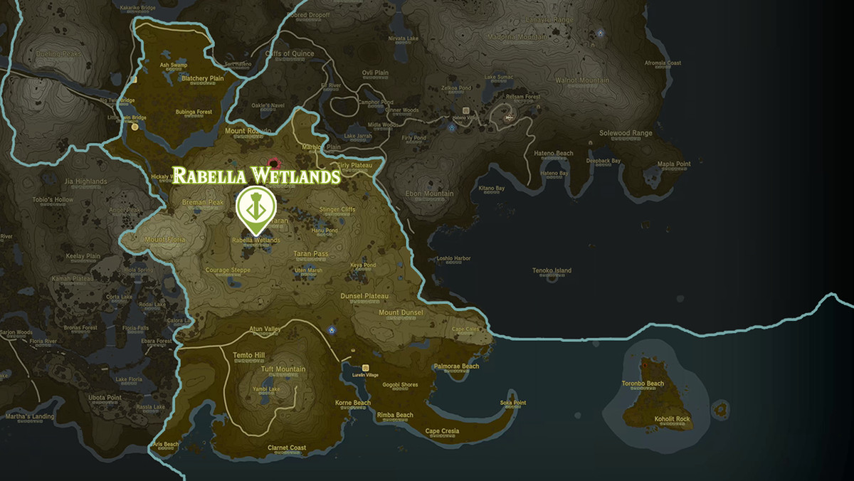 Zelda Tears of the Kingdom map of the Rabella Wetlands region with shrine locations marked