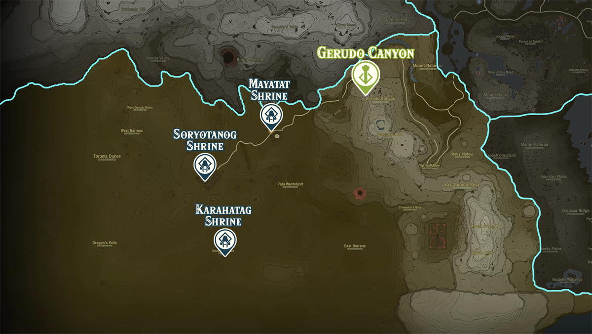Zelda Tears of the Kingdom map of the Gerudo Canyon region with shrine locations marked