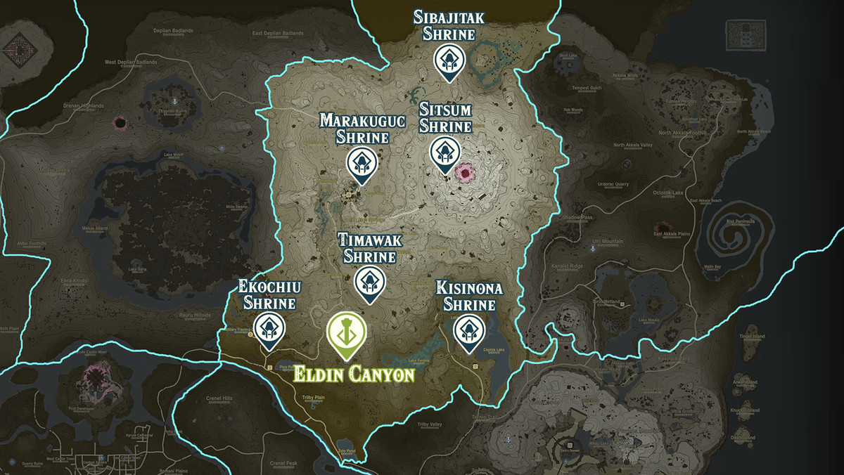 Zelda Tears of the Kingdom map of the Eldin Canyon region with shrine locations marked