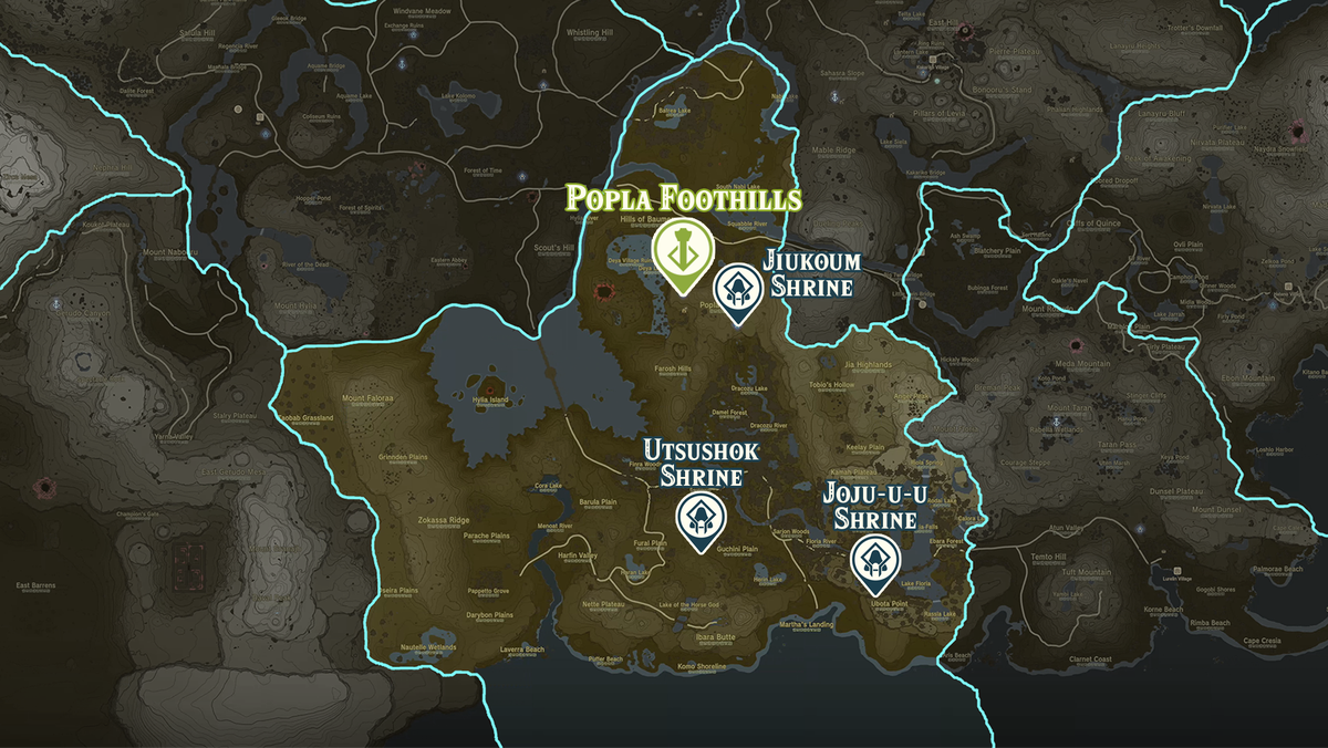 Zelda Tears of the Kingdom map of the Popla Foothills region with shrine locations marked