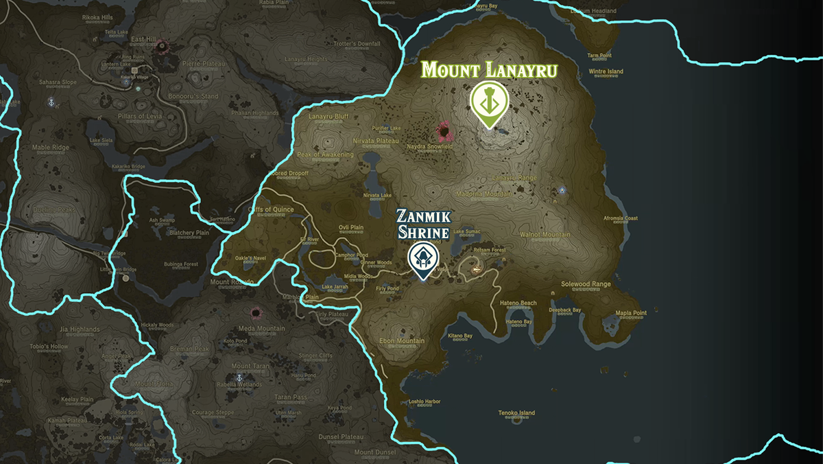 Zelda: Tears of the Kingdom map of the Mount Lanayru region with shrine locations marked