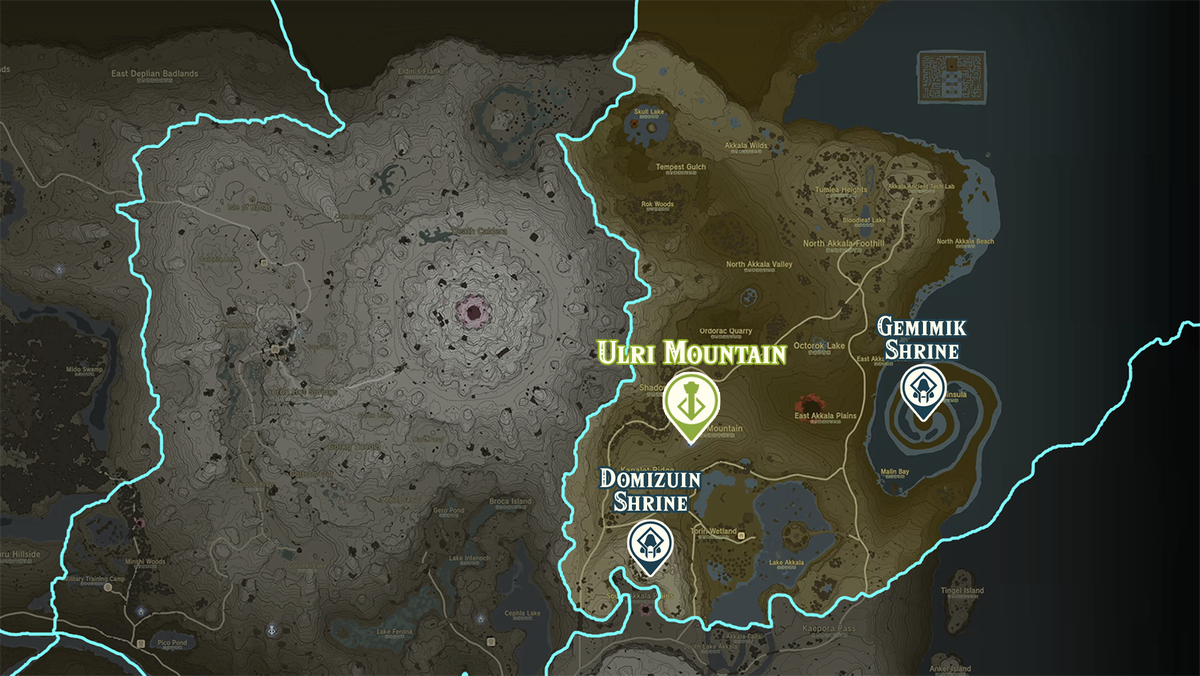 Zelda Tears of the Kingdom map of the Ulri Mountain region with shrine locations marked