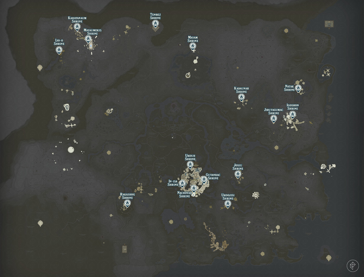 Zelda Tears of the Kingdom map of the Sky Island region with shrine locations marked