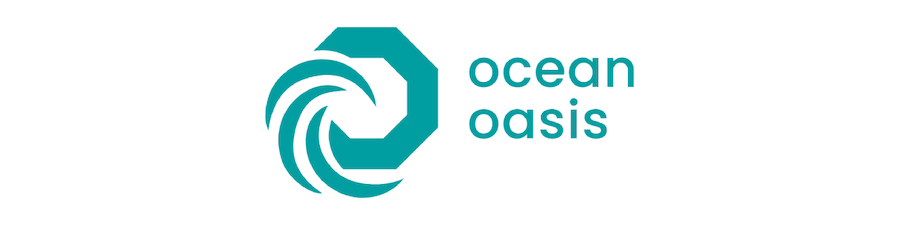 Gelombang biru dan segi delapan di sebelah tulisan 'Ocean Oasis'