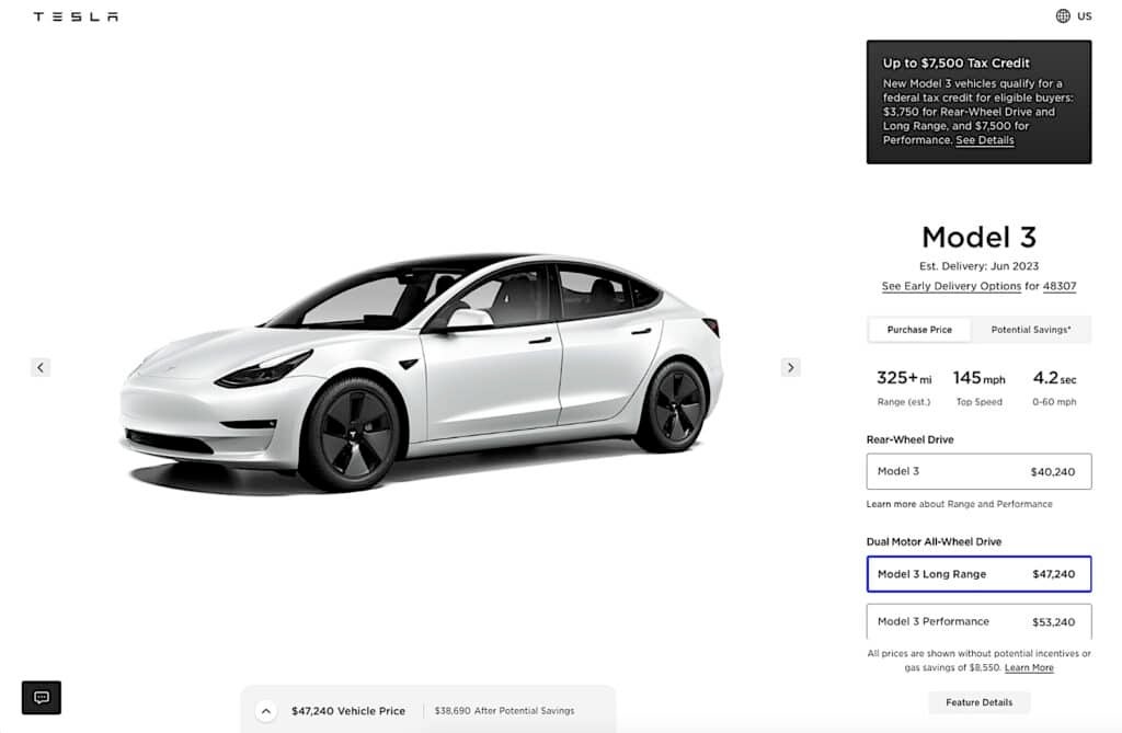 2023 Tesla Model 3 long range order page