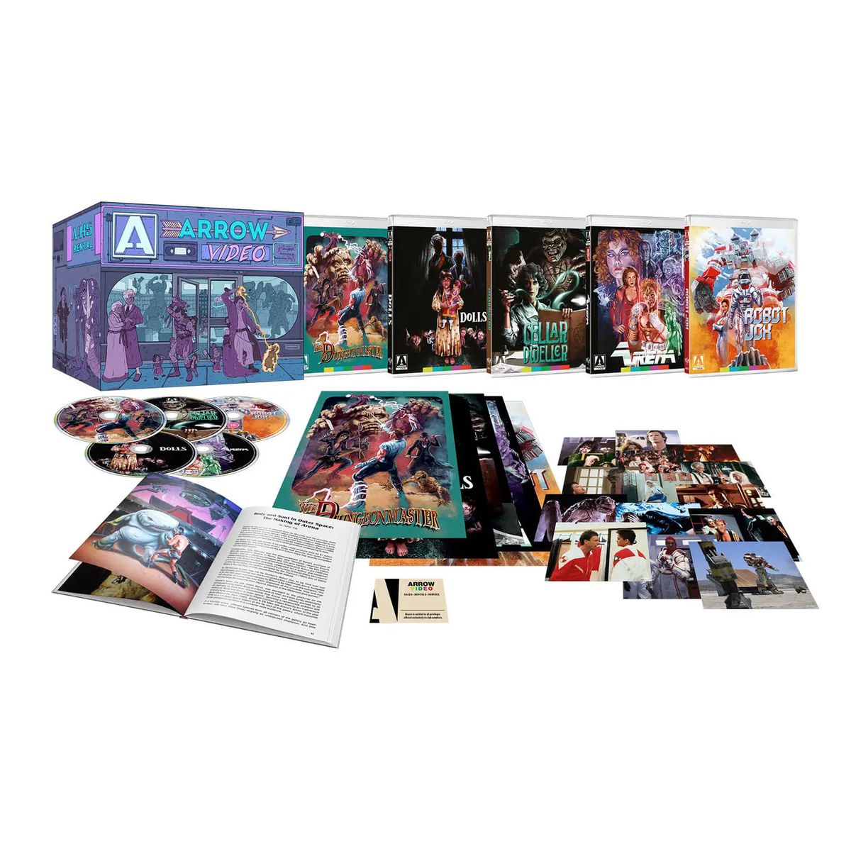 O fotografie a setului de cutie Blu-ray Enter the Video Store, care include o grămadă de discuri Blu-ray, fotografii și o carte.