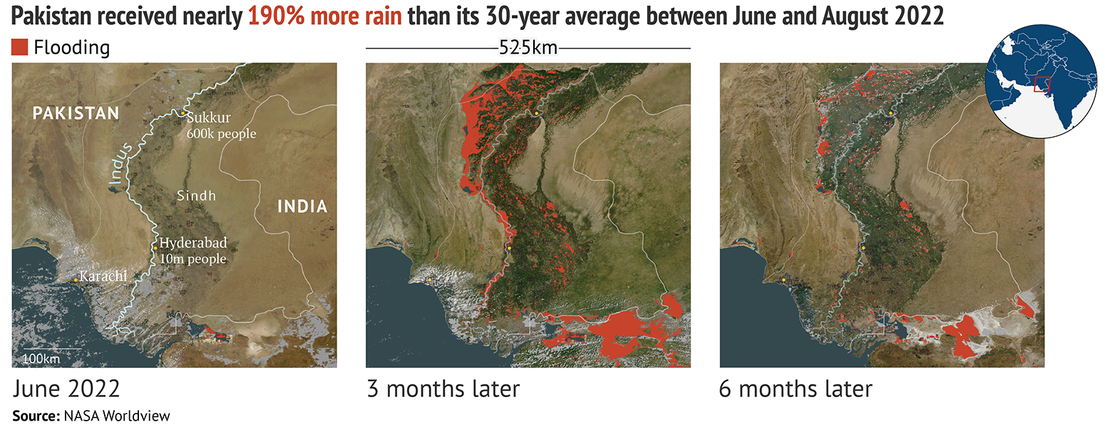 Zemljevidi, ki kažejo, da je v Pakistanu med junijem in avgustom 190 padlo skoraj 30 % več dežja od 2022-letnega povprečja.