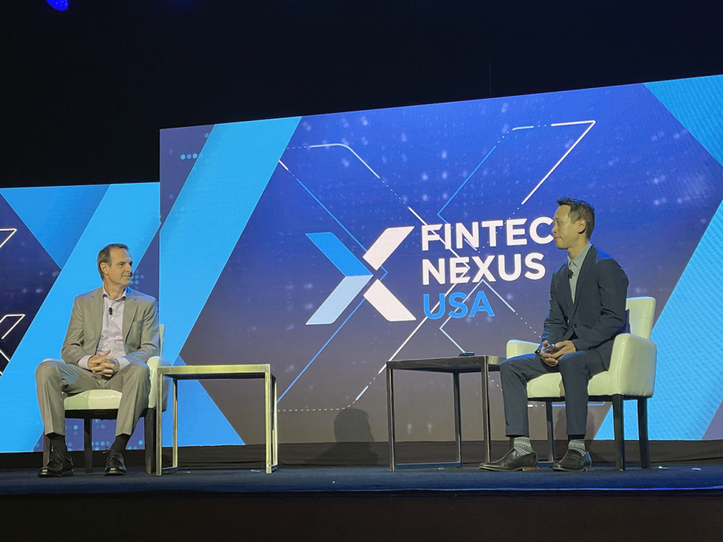 Hugh Son, Banking Reporter at CNBC (right), interviews Renaud Laplanche CEO of Upgrade, Inc.