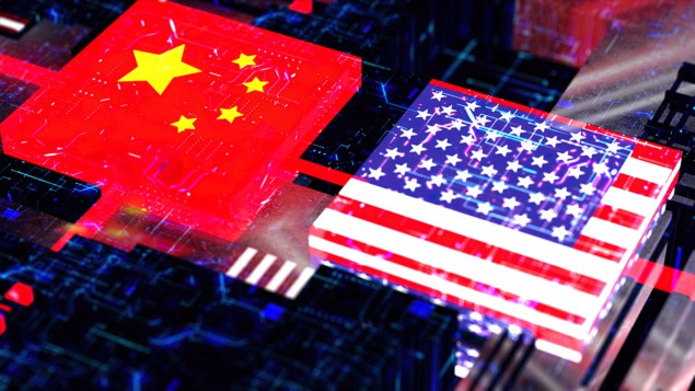 China and US flags on microprocessors