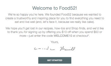 Food52 welcome email example with CTA