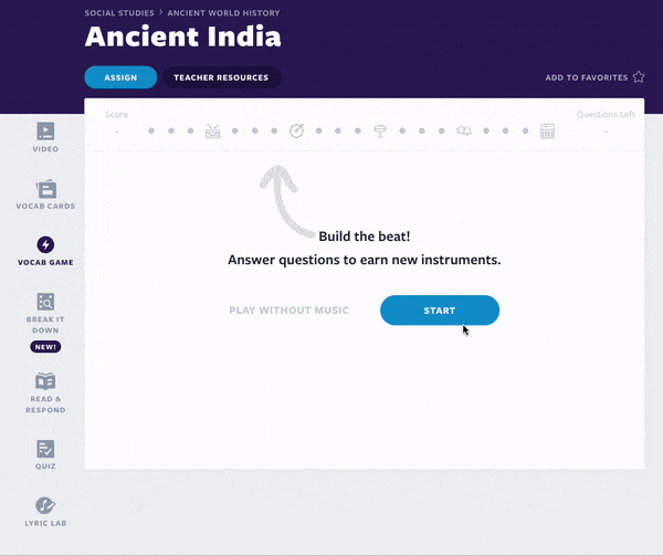 Działania w starożytnych Indiach Vocab Game