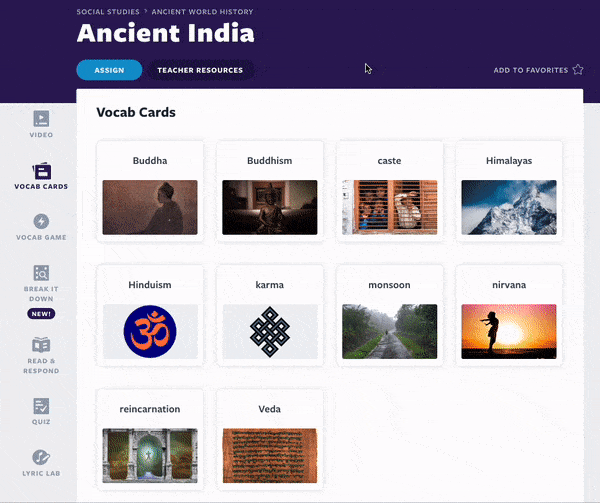 प्राचीन भारत की गतिविधियाँ वोकैब कार्ड