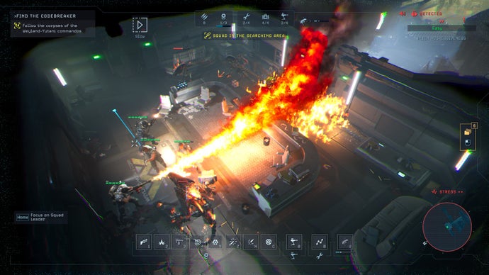 Tindalos Interactive'in lisanslı gerçek zamanlı taktik oyunu Aliens: Dark Descent'te şiddetli bir savaş, bir deniz ekibinin bir ateş perdesi ve otomatik taretlerle öfkeli Uzaylıları savuşturmasını gösteriyor.