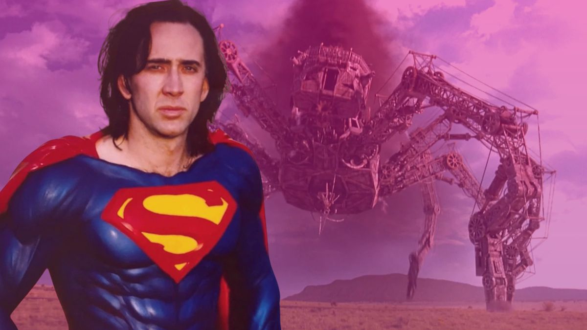 Nic Cage dressed as Superman standing in front of a giant spider