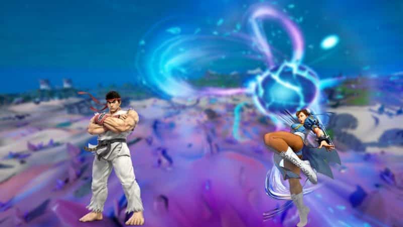 Street Fighter characters Ryu and Chun-Li appear over a purple wasteland area from Fortnite as the background