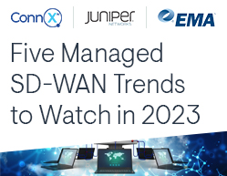 Text: Five Managed SD-WAN Trends to Watch in 2023 | Graphics: EMA, ConnX, and Juniper Networks logos, connected computers