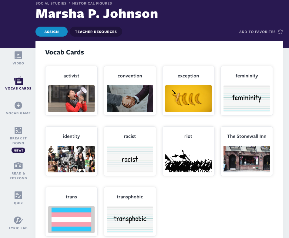 Словарные карточки Marsha P. Johnson Vocab Cards
