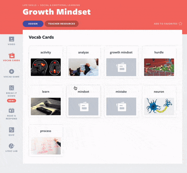 Vocab Cards Activități de cultură în clasă despre mentalitatea de creștere
