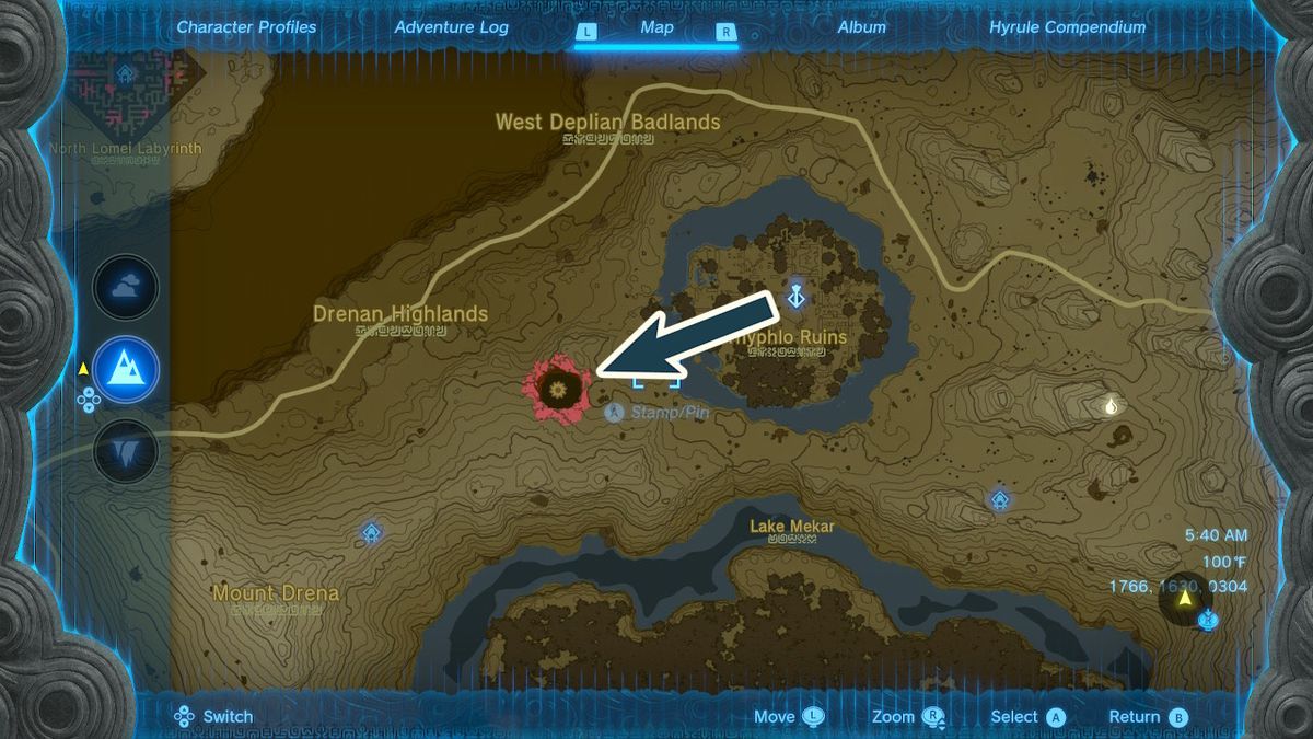 Mapa pokazuje lokalizację przepaści prowadzącej do Depths by the Lost Woods w Zelda Tears of the Kingdom.