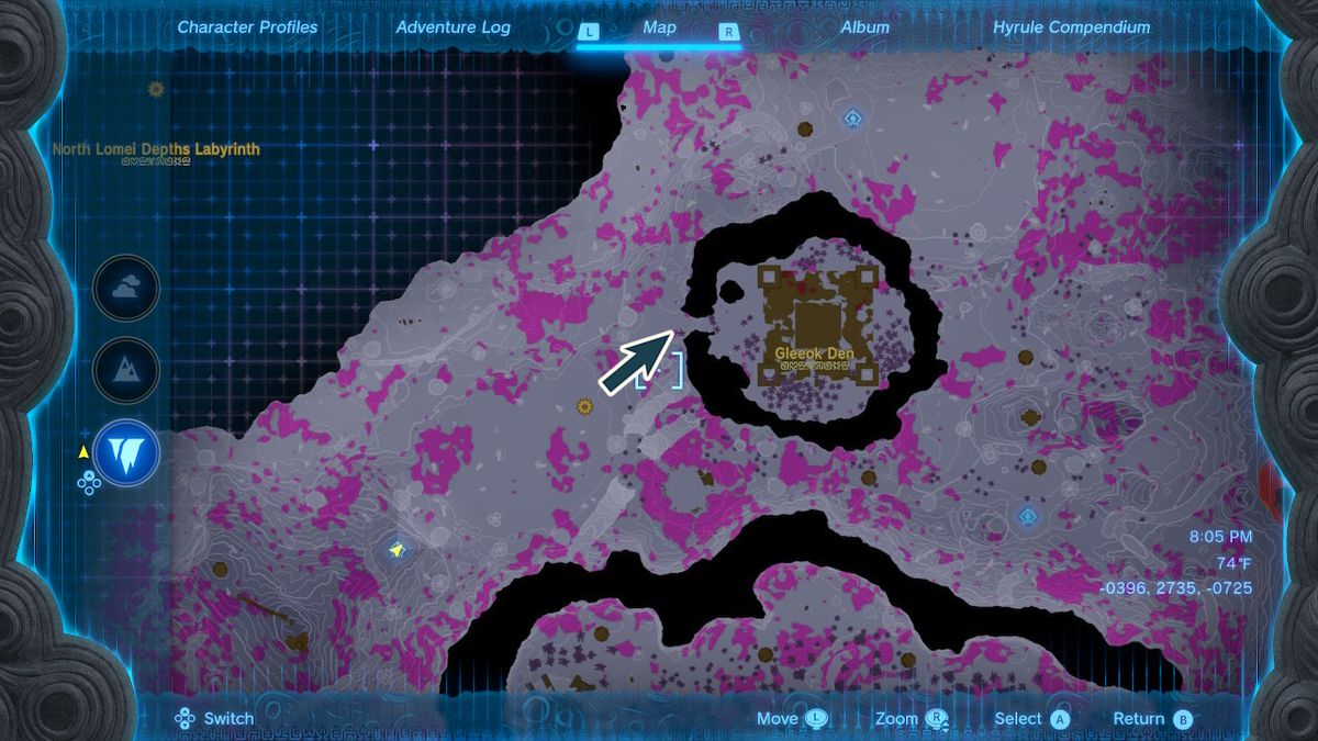 Sebuah peta menunjukkan lokasi Gleeok Den di Zelda Tears of the Kingdom.