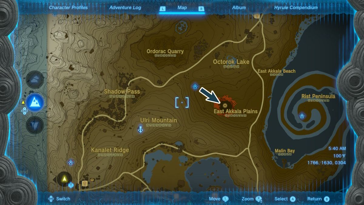 Bir harita, Zelda Krallığın Gözyaşları'ndaki Derinliklere giden uçurumun yerini gösteriyor.