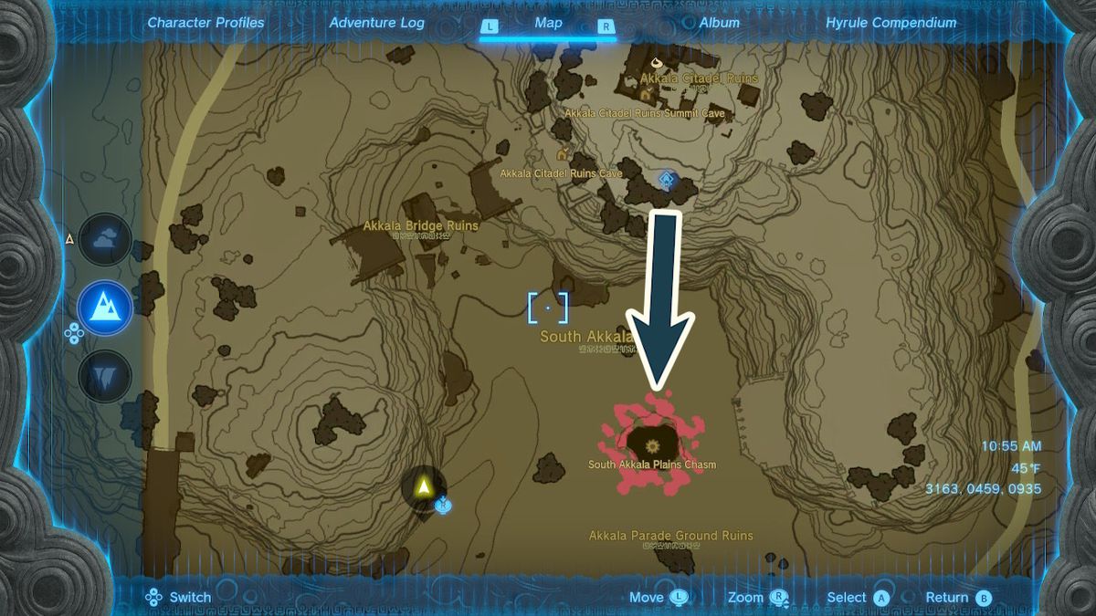Kartta osoittaa Zelda Tears of the Kingdom -pelissä Twilight Trousers -housut sisältäviin syvyyksiin johtavan kuilun sijaintiin.