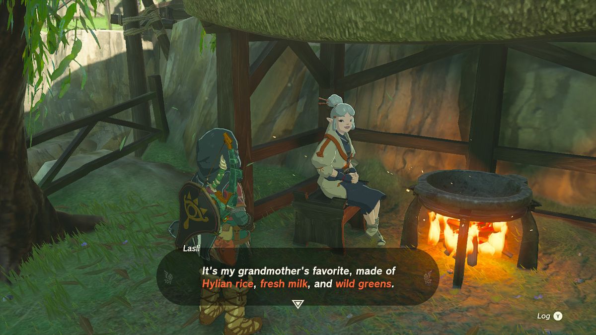 Link talking to Lasli with the text “It’s my grandmother’s favourite, made of Hylian rice, fresh milk, and wild greens”.