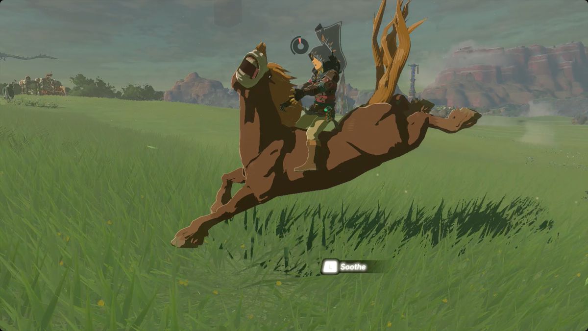 The Legend of Zelda: Tears of the Kingdom Link attempting to soothe a bucking horse