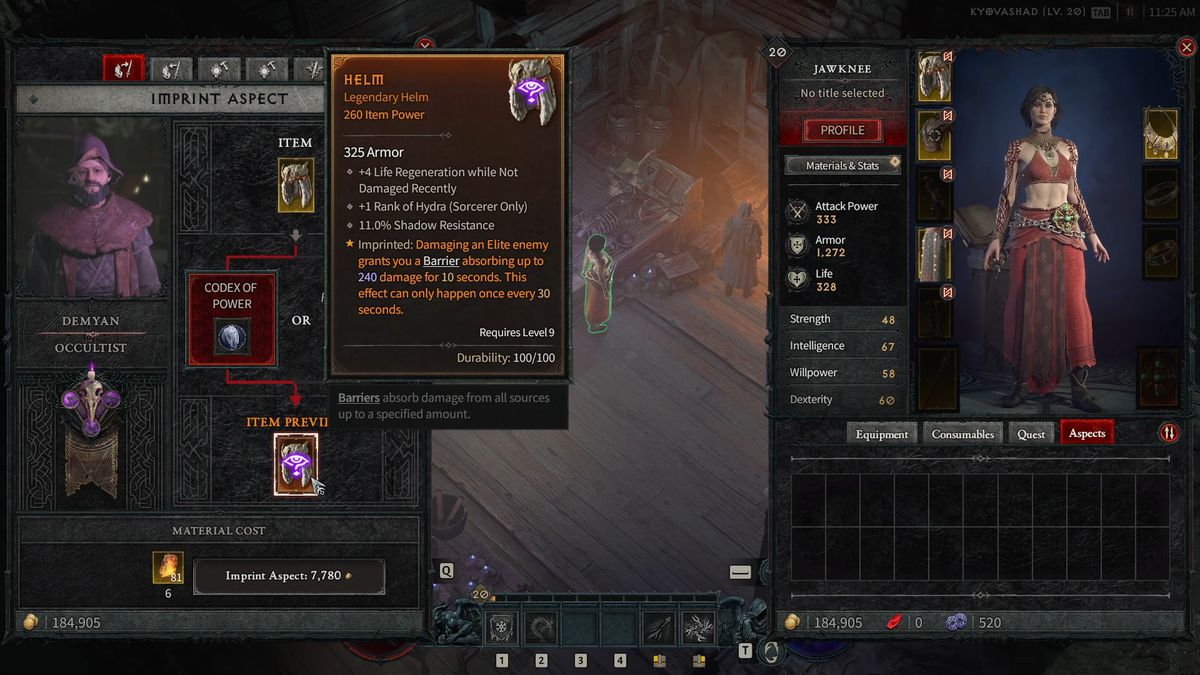 Imprinting Aspects onto gear in Diablo 4 / IV. Hovered over a legendary Helm on one side of the screen and a sorcerer on the other side of the screen.