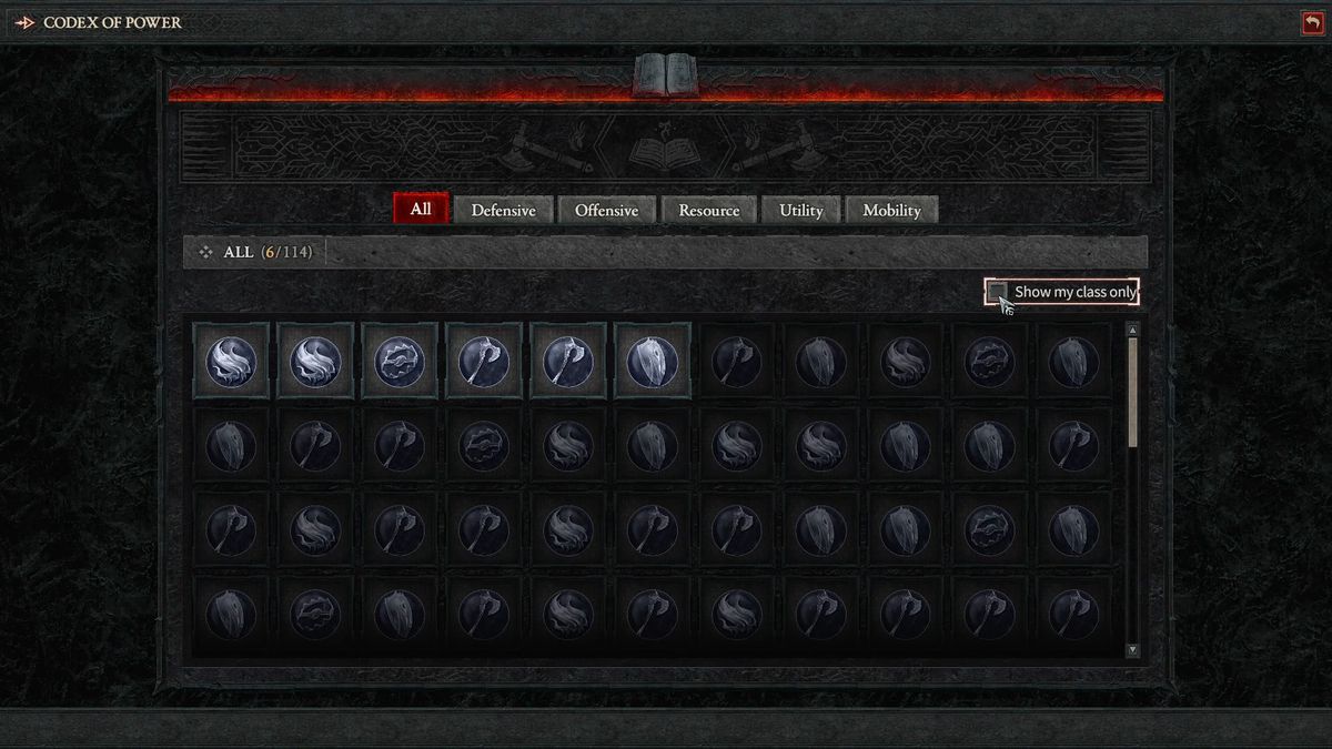 Codex of Power showing all of the Aspects you own in Diablo 4 / IV. Grid with many icons. Defensive, Offensive, Resource, Utility, Mobility.