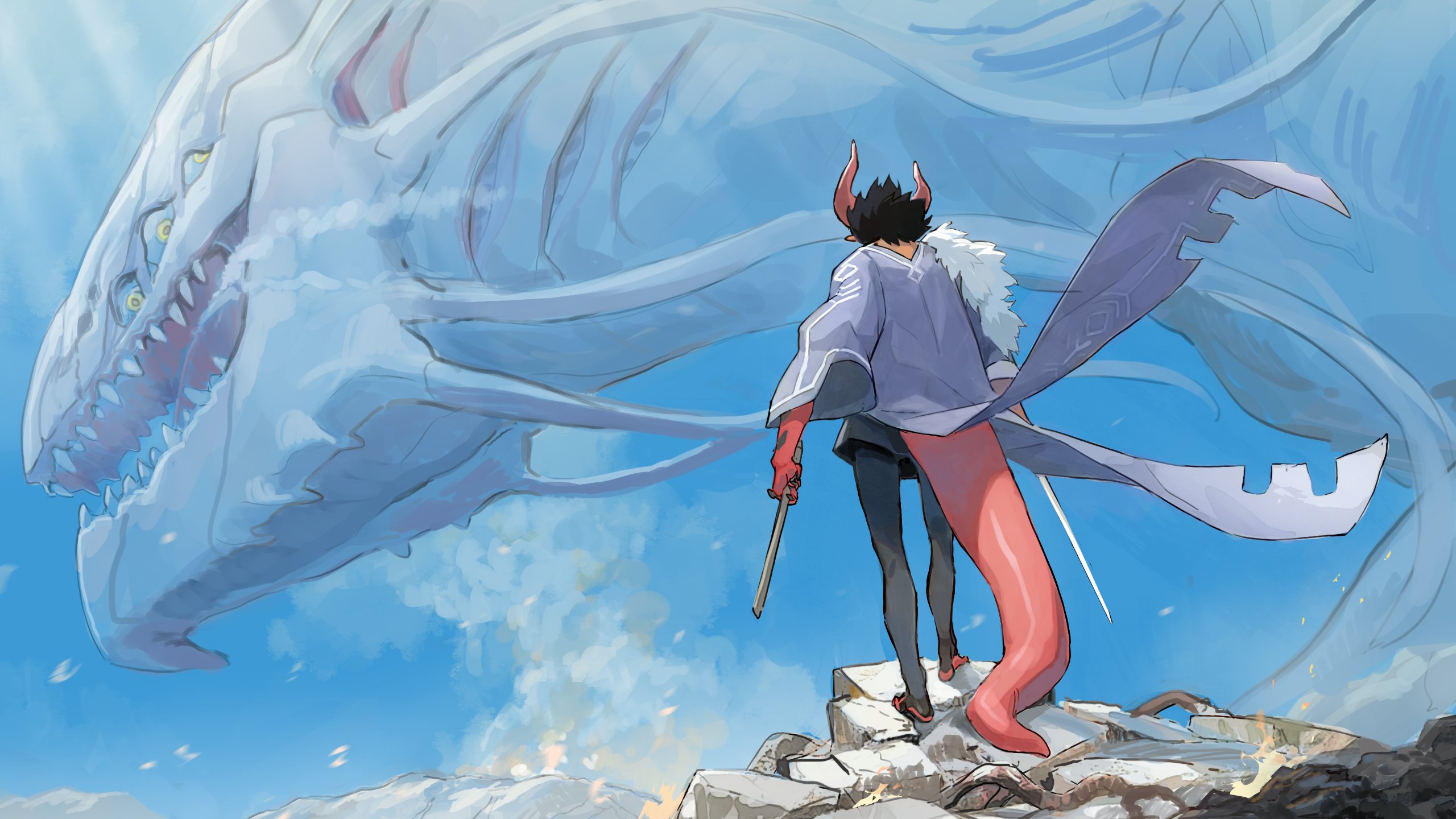 a beautiful anime style picture depicting a dragon and a demon character, from the Ether NFT project!