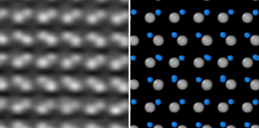 In-situ experimental STEM images (left panel) and first-principles calculation prediction (right panel)