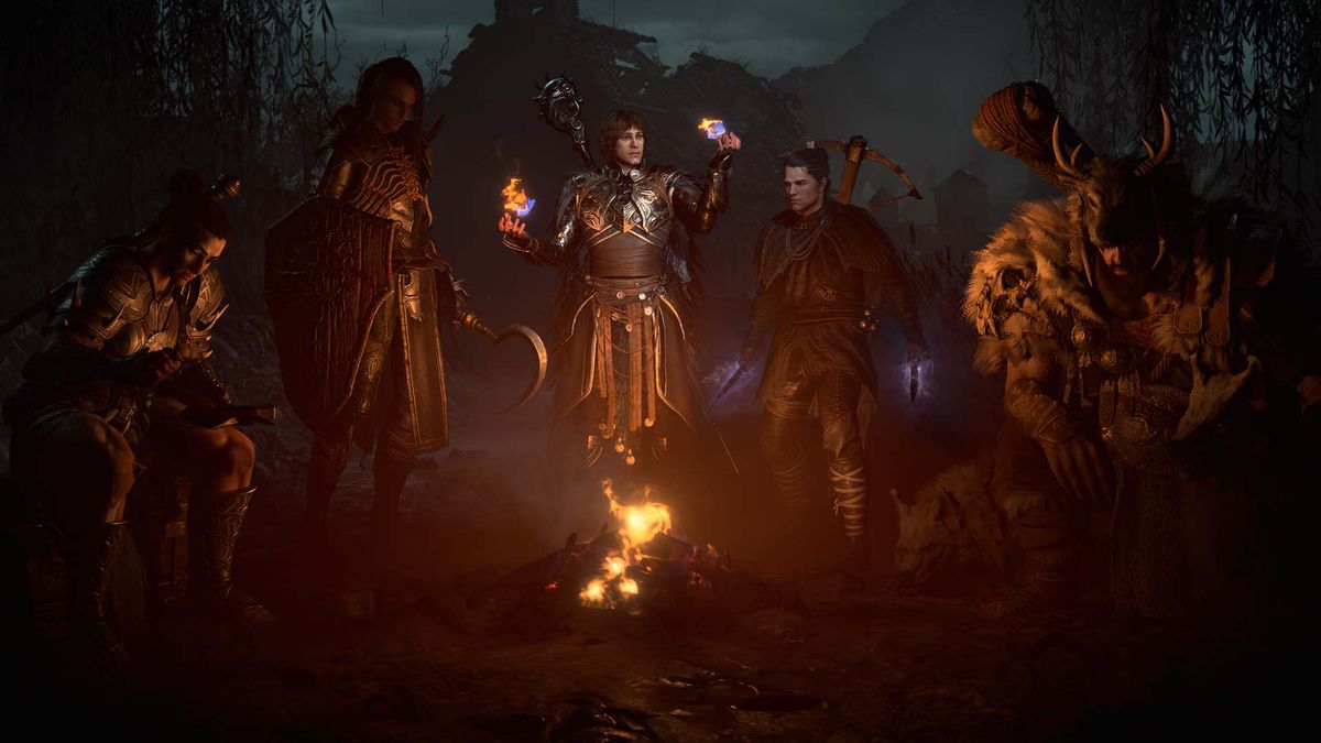 Diablo 4’s five character classes hanging out around a fire, with a Barbarian on the left, to a Necromancer, to a Sorcerer, to a Rogue, and the Druid on the far right