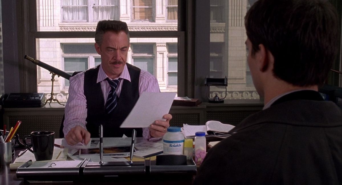 J.K. Simmons, looking angry, as J. Jonah Jameson in Sam Rami’s Spider-Man.