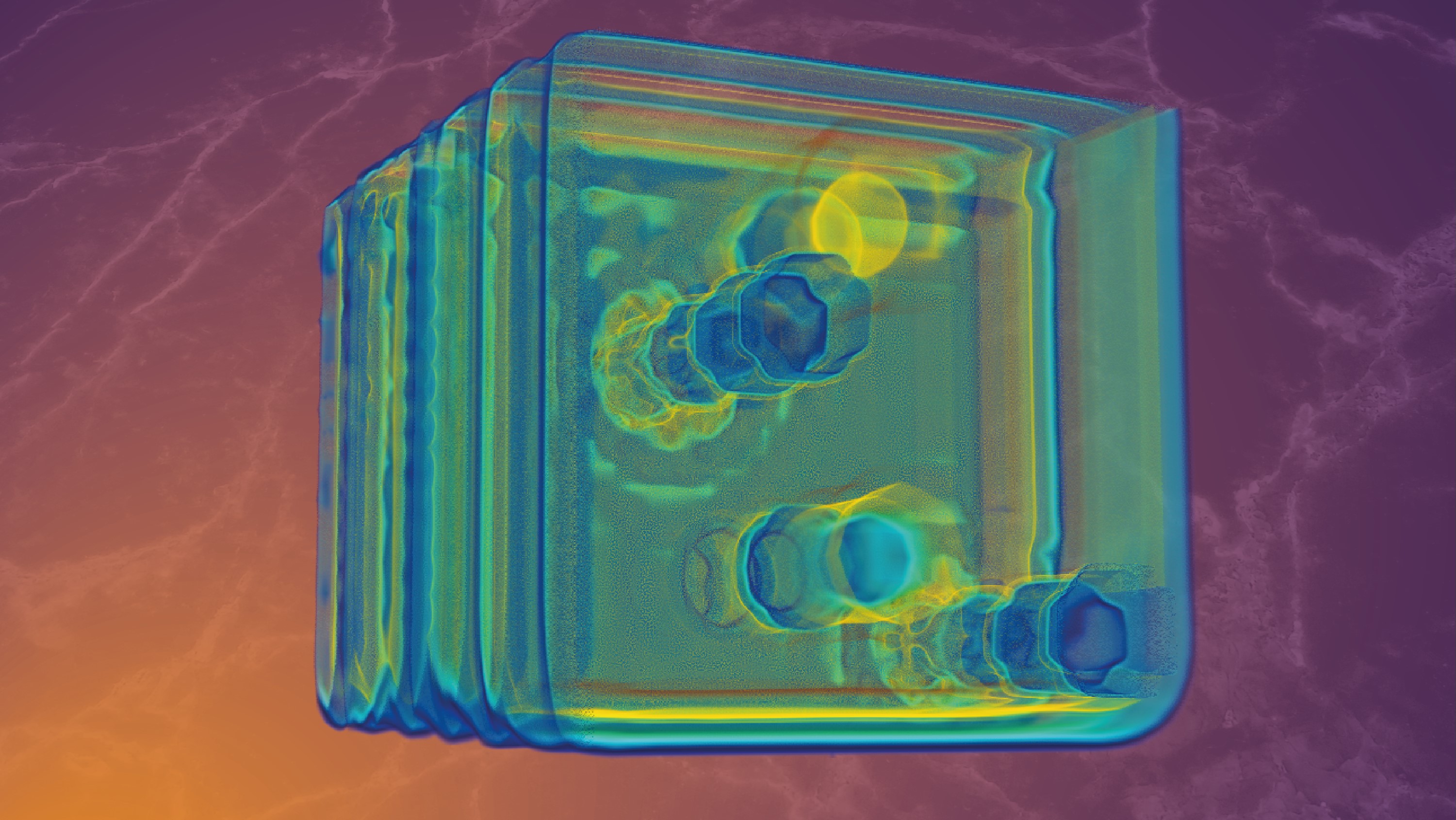 Microscopic, metallic objects distributed throughout a 3D cube