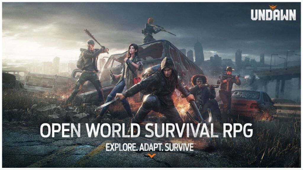 feature image for our undawn pre-download news, the image features a promo image for the game of the launch characters standing by a smashed van that is on fire, they are all holding weapons such as a crossbow, gun, and bat, while surrounded by abandoned vehicles and a post-apocalyptic cityscape behind them, there is text at the bottom that reads "open world survival RPG explore adapt survive"