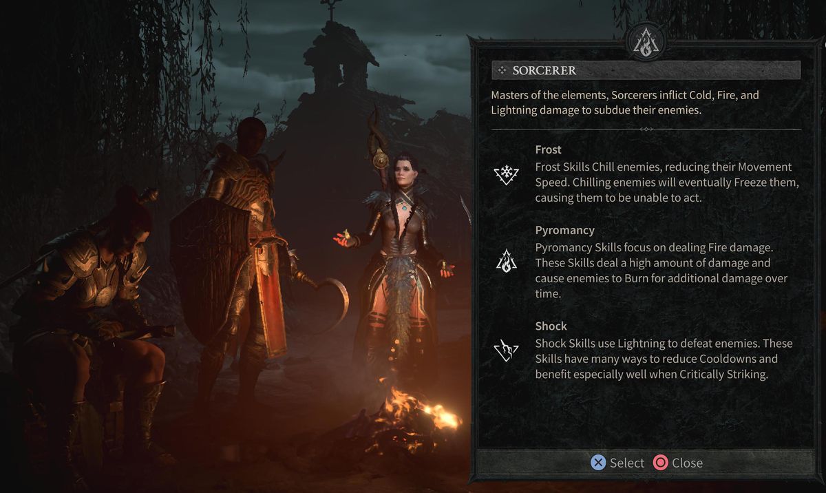 A sorcerer stands next to a verbal description of the sorcerer class in Diablo 4.