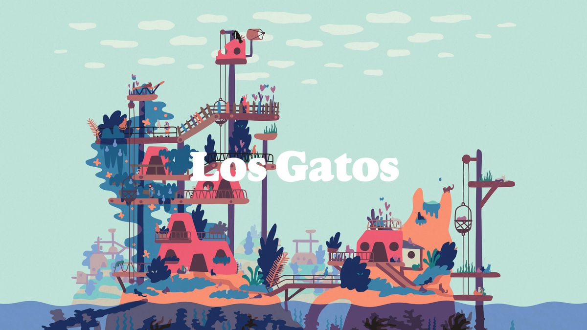 A colorful view of Los Gatos in Saltsea Chronicles. There’s an orange cat-shaped mountain and a structure that resembles a cat tree, all rendered in a bright art style with blobs of color and no outlines.