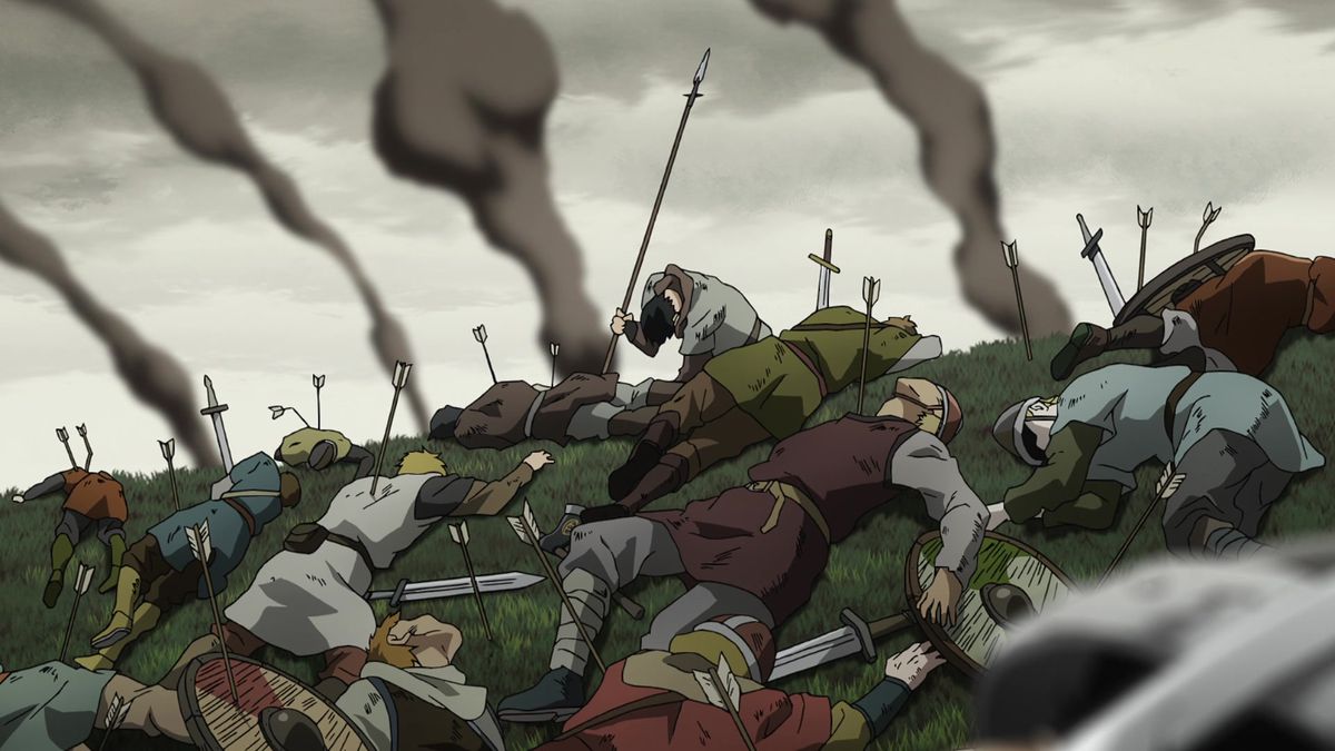 A battlefield with a bunch of dead bodies on it and one person on top of a small hill leaning against their spear