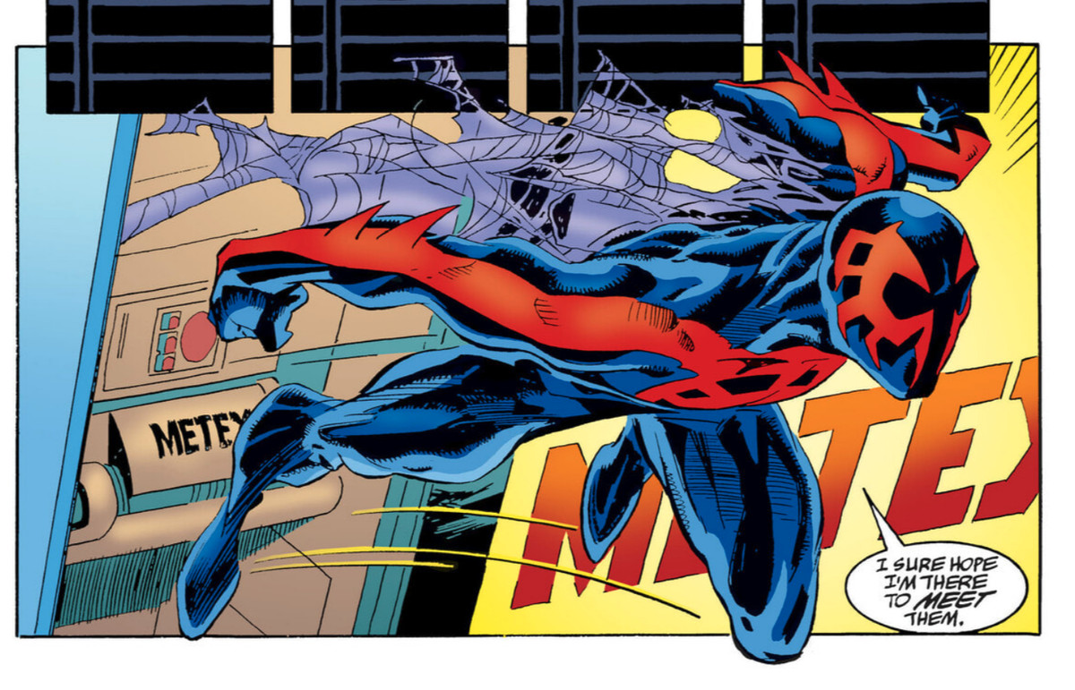 Spider-Man 2099 leaps into action in his blue and red costume and tattered cape in a panel from Spider-Man 2099 (Vol.1) #4, Marvel Comics, 1992
